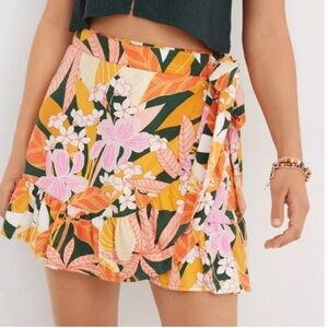 AERIE Tropical Floral Wrap Mini Skirt Linen Blend Ruffle Size M